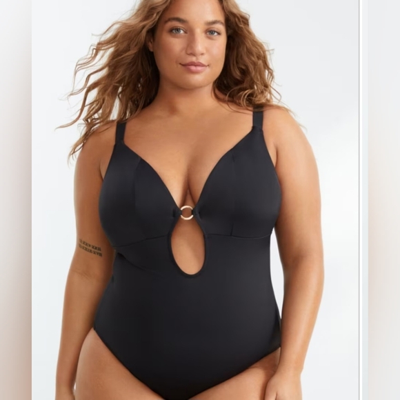 Elomi swimsuit 40G/H black one piece keyhole ring deepV plunge plus size new$106 - Picture 1 of 13